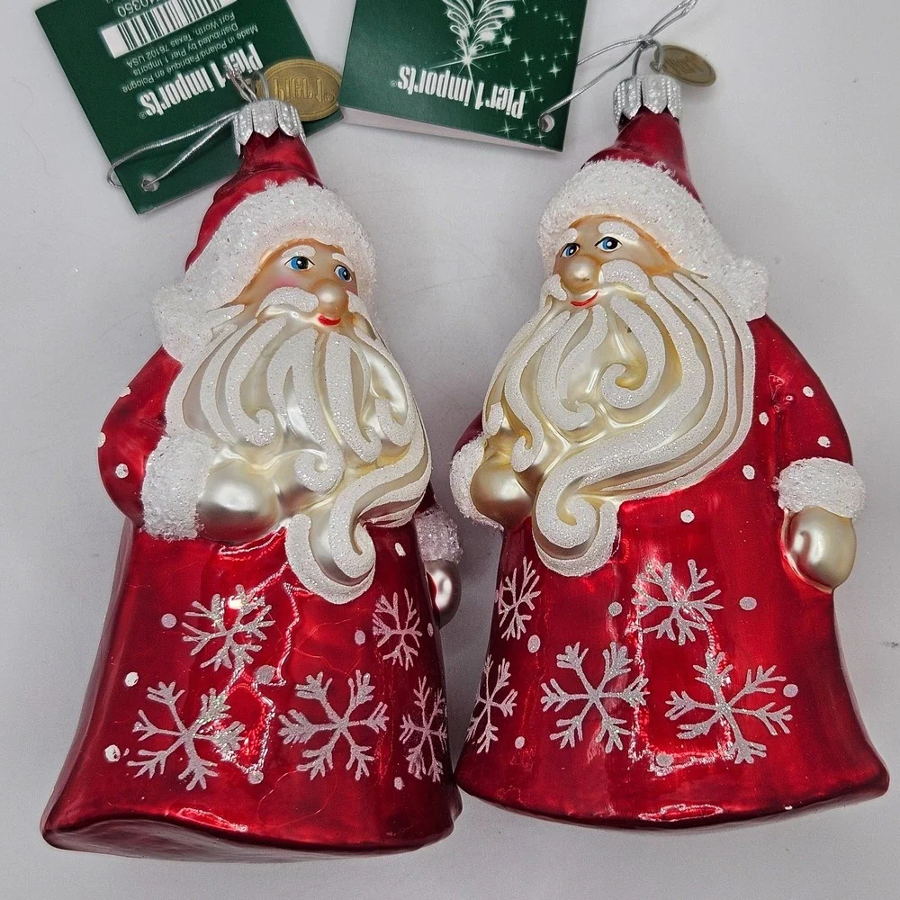 Pier‎ 1 Imports Santa Glass Ornaments Set of 2 Poland Hand Blown Red Christmas